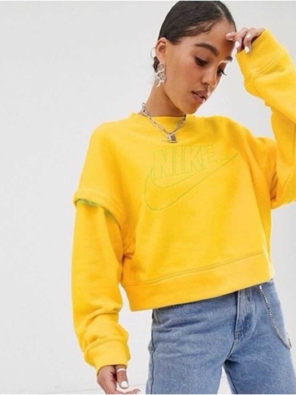Nike Women's Bright Yellow Cropped Sweatshirt with Subtle Logo